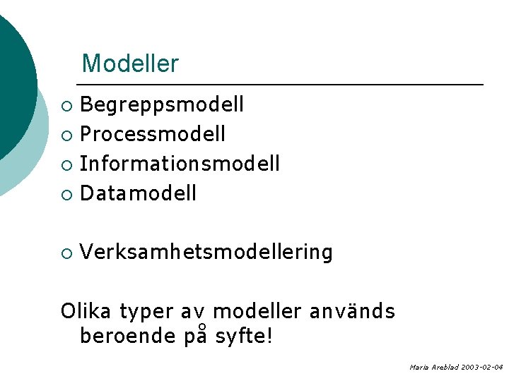 Modeller Begreppsmodell ¡ Processmodell ¡ Informationsmodell ¡ Datamodell ¡ ¡ Verksamhetsmodellering Olika typer av