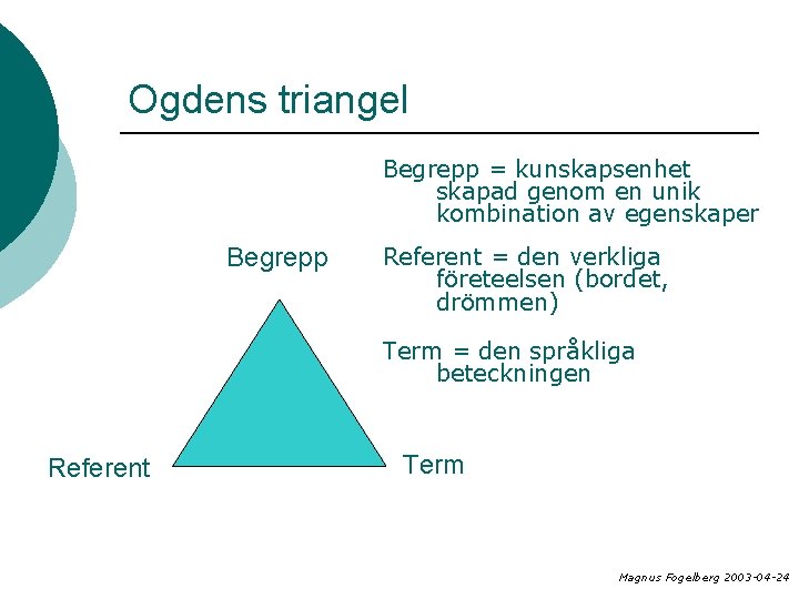 Ogdens triangel Begrepp = kunskapsenhet skapad genom en unik kombination av egenskaper Begrepp Referent