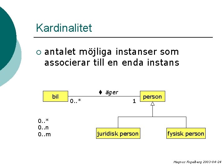 Kardinalitet ¡ antalet möjliga instanser som associerar till en enda instans bil 0. .