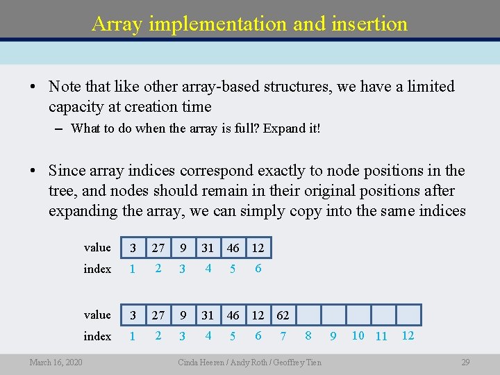 Array implementation and insertion • Note that like other array-based structures, we have a