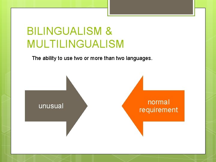 BILINGUALISM & MULTILINGUALISM The ability to use two or more than two languages. unusual