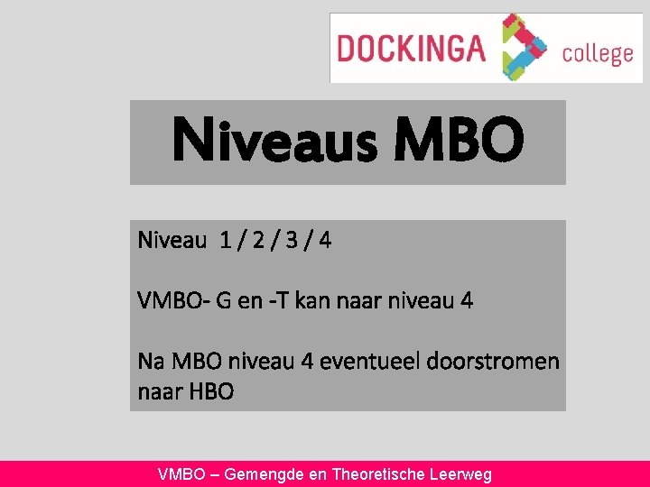 Niveaus MBO Niveau 1 / 2 / 3 / 4 VMBO- G en -T