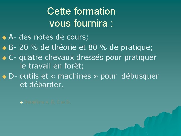 Cette formation vous fournira : A- des notes de cours; u B- 20 %