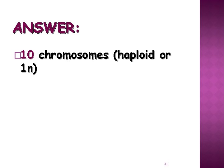 ANSWER: � 10 1 n) chromosomes (haploid or 31 