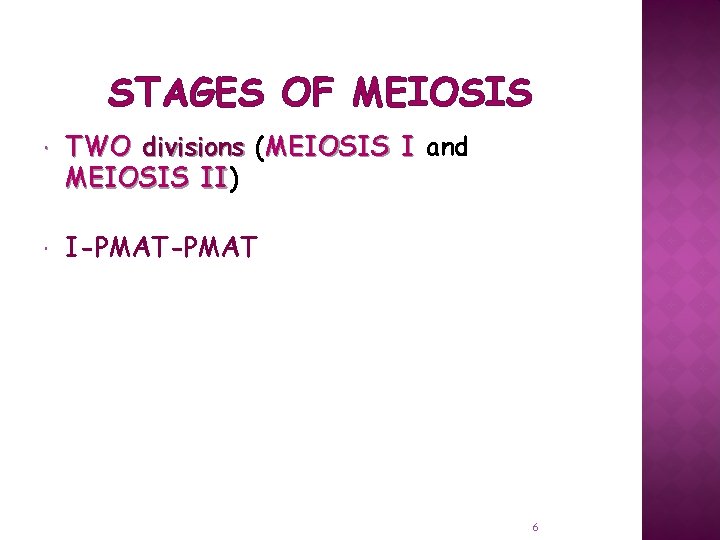STAGES OF MEIOSIS TWO divisions (MEIOSIS I and MEIOSIS II) II I-PMAT 6 