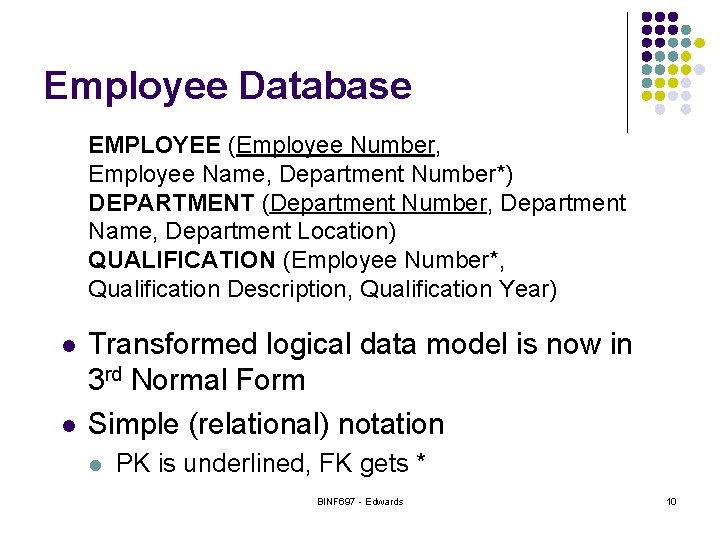Employee Database EMPLOYEE (Employee Number, Employee Name, Department Number*) DEPARTMENT (Department Number, Department Name,