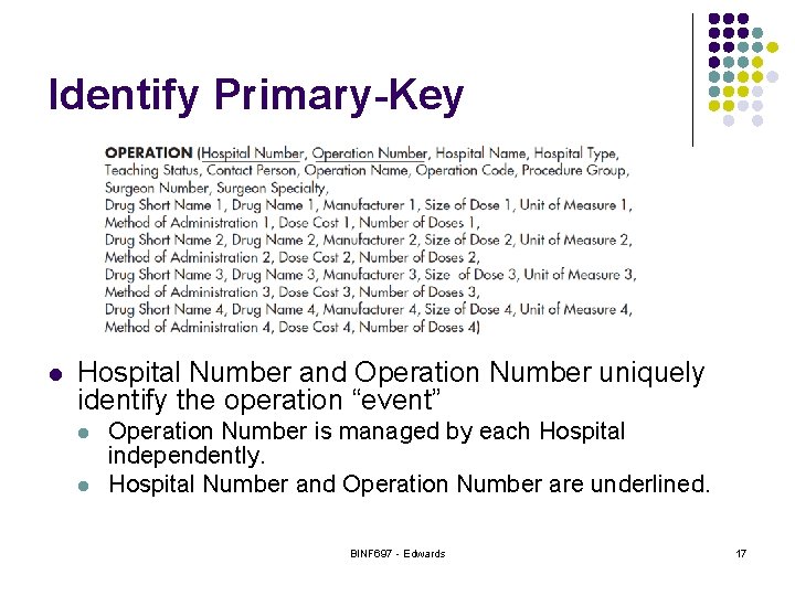 Identify Primary-Key l Hospital Number and Operation Number uniquely identify the operation “event” l