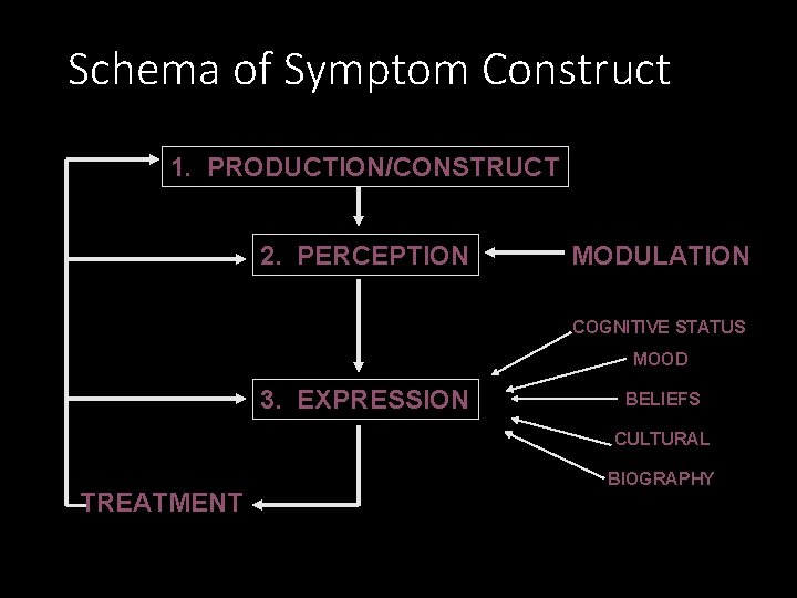 Schema of Symptom Construct 1. PRODUCTION/CONSTRUCT 2. PERCEPTION MODULATION COGNITIVE STATUS MOOD 3. EXPRESSION
