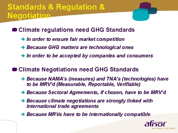 Standards & Regulation & Negotiation Climate regulations need GHG Standards In order to ensure