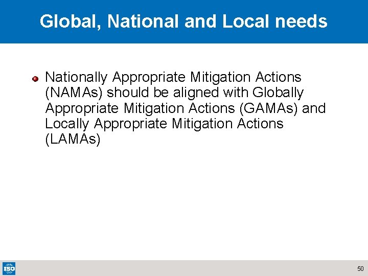 Global, National and Local needs Nationally Appropriate Mitigation Actions (NAMAs) should be aligned with