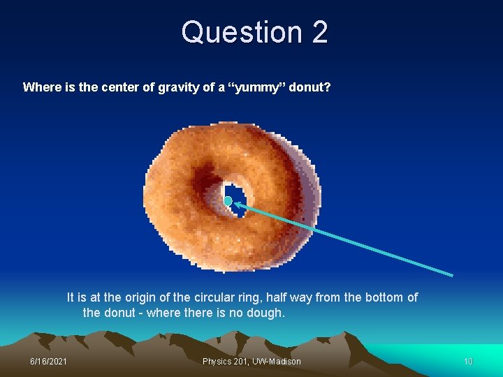 Question 2 Where is the center of gravity of a “yummy” donut? It is