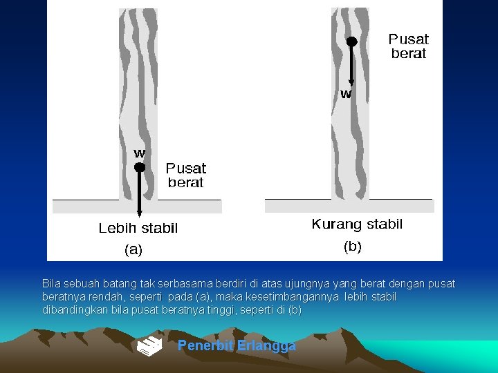 Kesetimbangan pada batang Bila sebuah batang tak serbasama berdiri di atas ujungnya yang berat