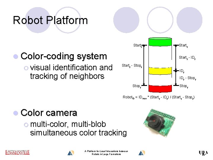 Robot Platform Starty l Color-coding system ¡ visual identification and tracking of neighbors Starty