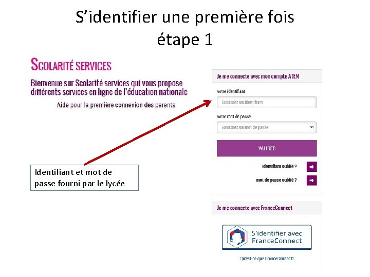 S’identifier une première fois étape 1 Identifiant et mot de passe fourni par le