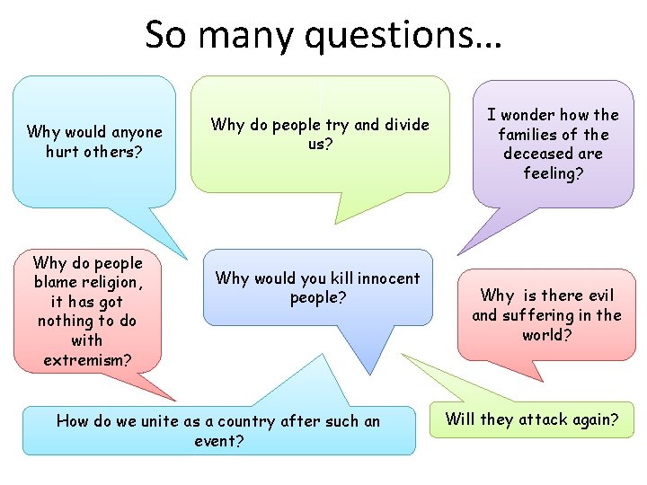 So many questions… Why would anyone hurt others? Why do people blame religion, it