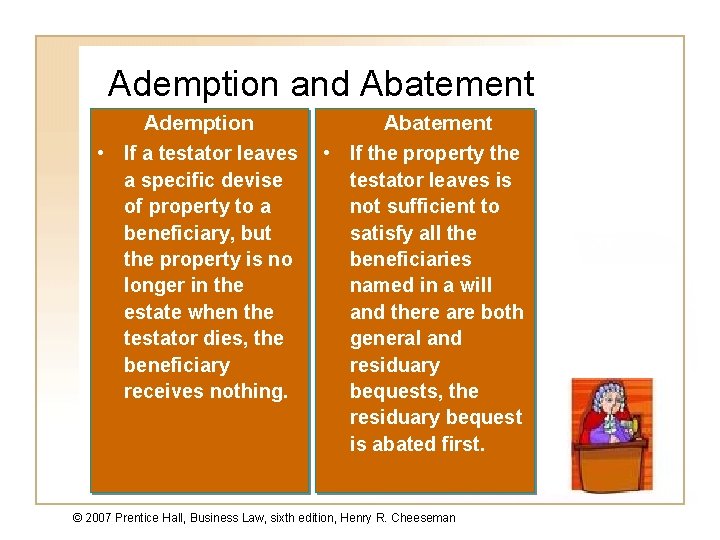 Ademption and Abatement Ademption • If a testator leaves a specific devise of property