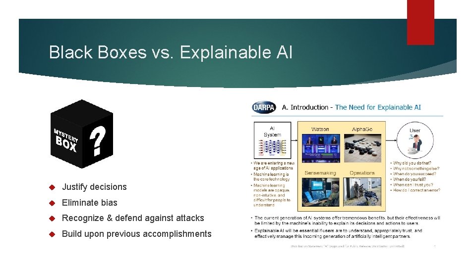 Black Boxes vs. Explainable AI Justify decisions Eliminate bias Recognize & defend against attacks