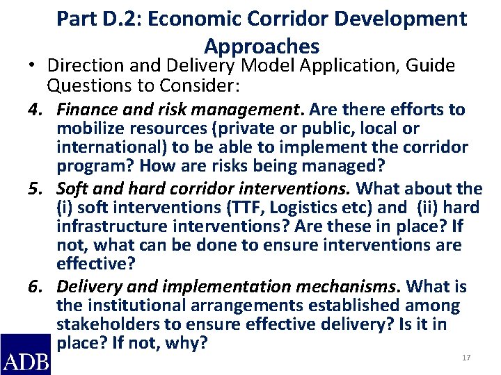 Part D. 2: Economic Corridor Development Approaches • Direction and Delivery Model Application, Guide