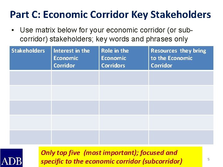 Part C: Economic Corridor Key Stakeholders • Use matrix below for your economic corridor