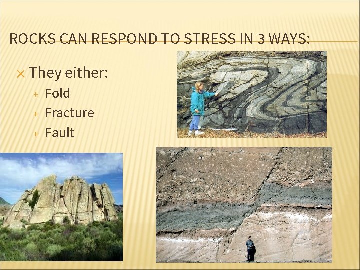 ROCKS CAN RESPOND TO STRESS IN 3 WAYS: ✕ They either: + + +