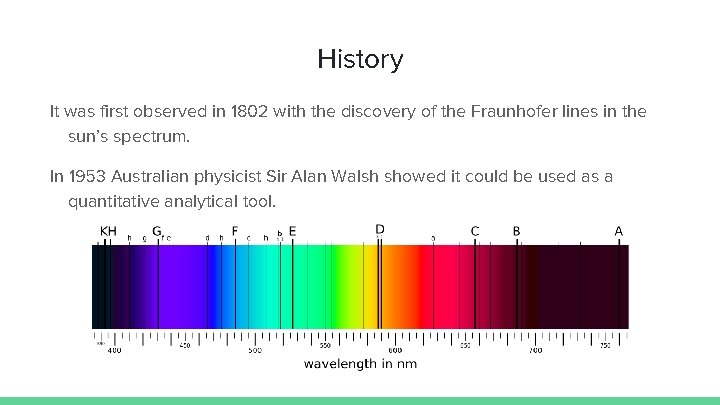 History It was first observed in 1802 with the discovery of the Fraunhofer lines