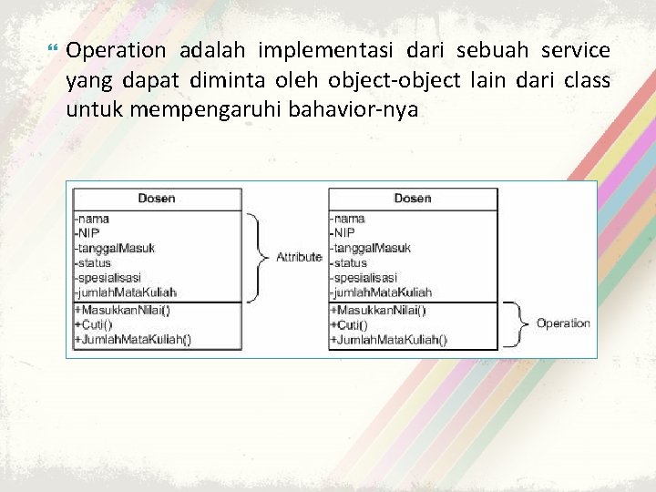  Operation adalah implementasi dari sebuah service yang dapat diminta oleh object-object lain dari