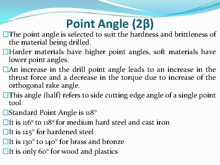 Point Angle (2β) �The point angle is selected to suit the hardness and brittleness