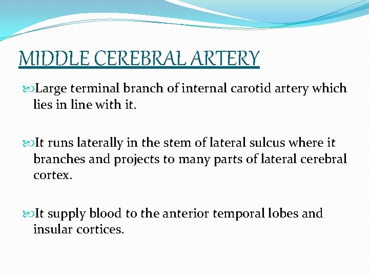MIDDLE CEREBRAL ARTERY Large terminal branch of internal carotid artery which lies in line