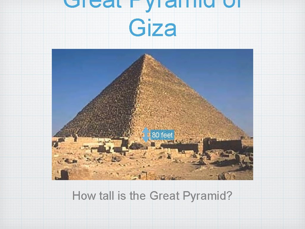 Great Pyramid of Giza 80 feet How tall is the Great Pyramid? 