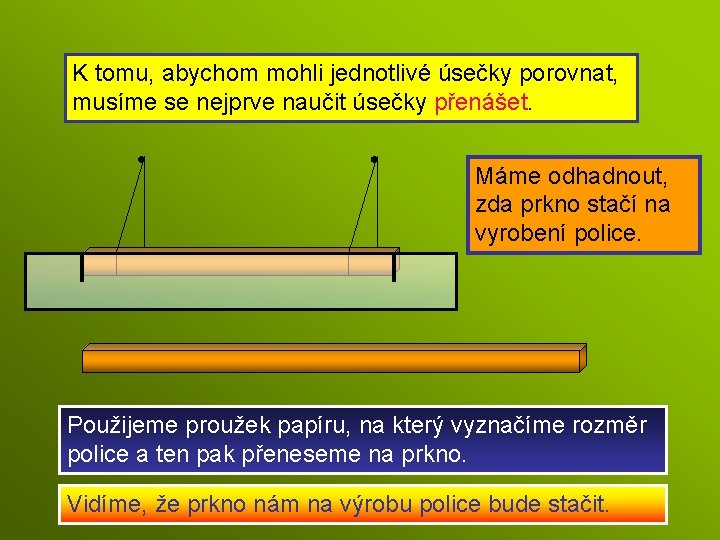 K tomu, abychom mohli jednotlivé úsečky porovnat, musíme se nejprve naučit úsečky přenášet. Máme