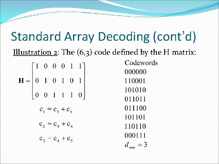 Standard Array Decoding (cont’d) Illustration 2: The (6, 3) code defined by the H Standard Array Decoding (cont’d) Illustration 2: The (6, 3) code defined by the H