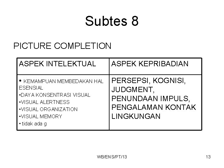 Subtes 8 PICTURE COMPLETION ASPEK INTELEKTUAL ASPEK KEPRIBADIAN • KEMAMPUAN MEMBEDAKAN HAL PERSEPSI, KOGNISI,