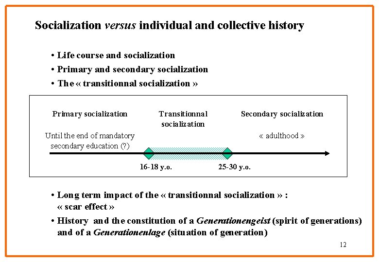 Socialization versus individual and collective history • Life course and socialization • Primary and