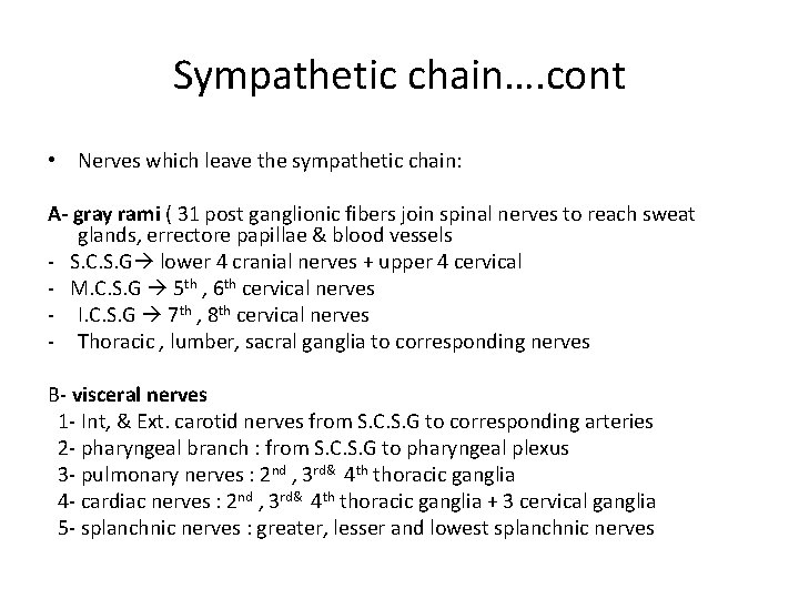 Sympathetic chain…. cont • Nerves which leave the sympathetic chain: A- gray rami (