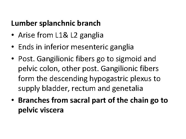 Lumber splanchnic branch • Arise from L 1& L 2 ganglia • Ends in