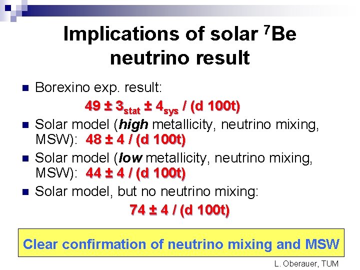 Implications of solar 7 Be neutrino result n n Borexino exp. result: 49 ±