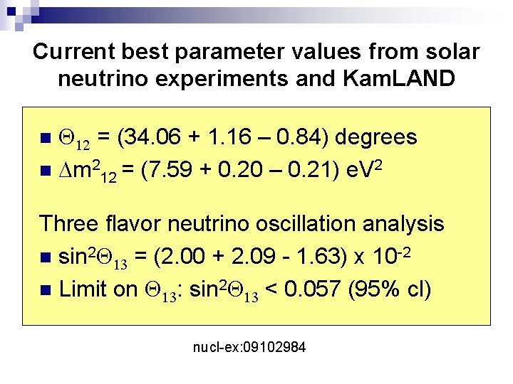 Current best parameter values from solar neutrino experiments and Kam. LAND Q 12 =