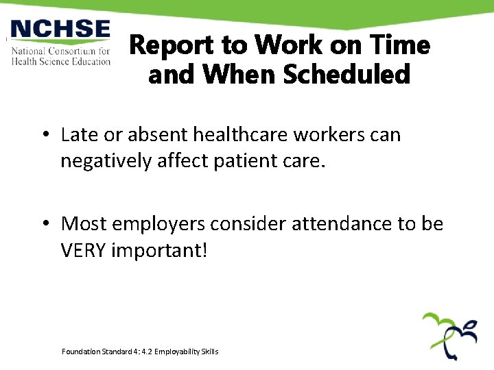 Report to Work on Time and When Scheduled • Late or absent healthcare workers Report to Work on Time and When Scheduled • Late or absent healthcare workers