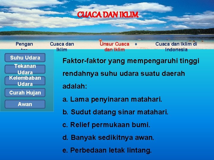 CUACA DAN IKLIM Pengan tar Suhu Udara Tekanan Udara Kelembaban Udara Curah Hujan Awan