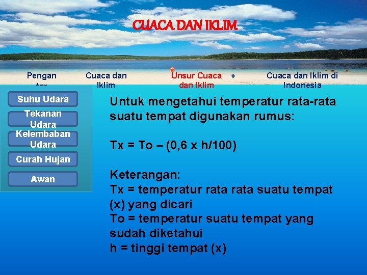 CUACA DAN IKLIM Pengan tar Suhu Udara Tekanan Udara Kelembaban Udara Cuaca dan Iklim