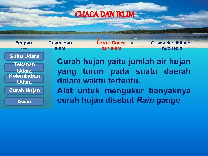 CUACA DAN IKLIM Pengan tar Suhu Udara Tekanan Udara Kelembaban Udara Curah Hujan Awan