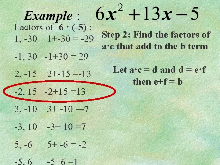 Factors of 6 · (-5) : Step 2: Find the factors of 1, -30