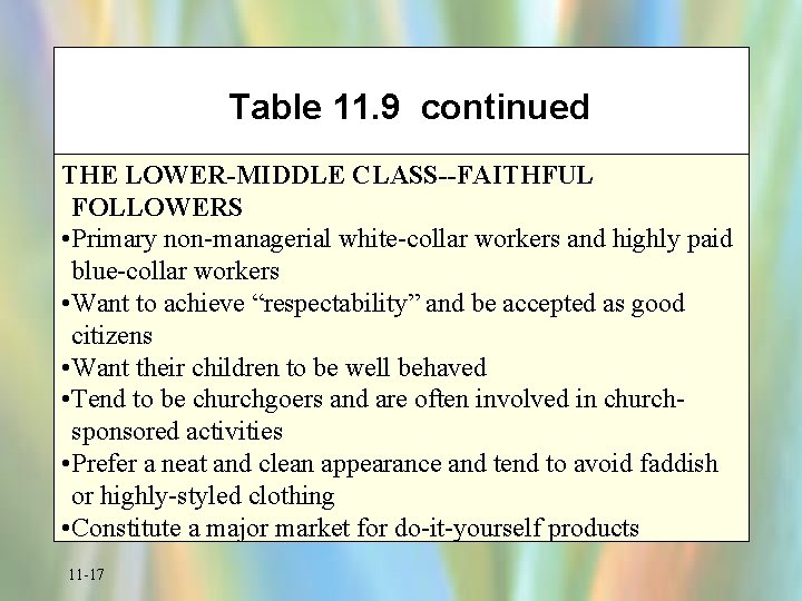 Table 11. 9 continued THE LOWER-MIDDLE CLASS--FAITHFUL FOLLOWERS • Primary non-managerial white-collar workers and