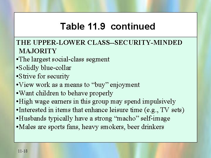 Table 11. 9 continued THE UPPER-LOWER CLASS--SECURITY-MINDED MAJORITY • The largest social-class segment •