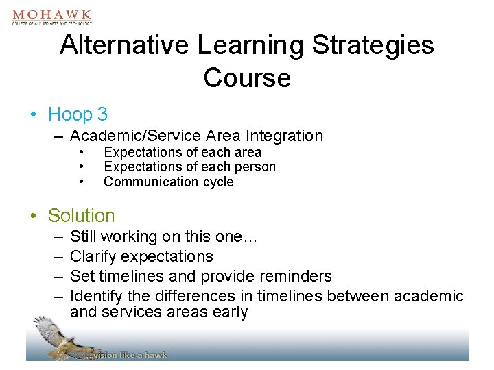 Alternative Learning Strategies Course • Hoop 3 – Academic/Service Area Integration • • •