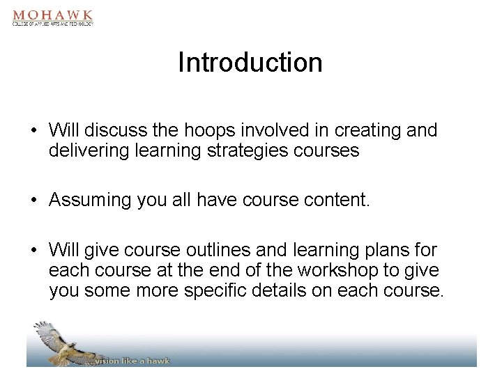 Introduction • Will discuss the hoops involved in creating and delivering learning strategies courses