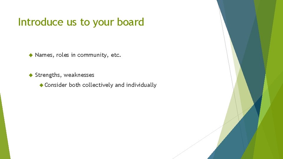 Introduce us to your board Names, roles in community, etc. Strengths, weaknesses Consider both