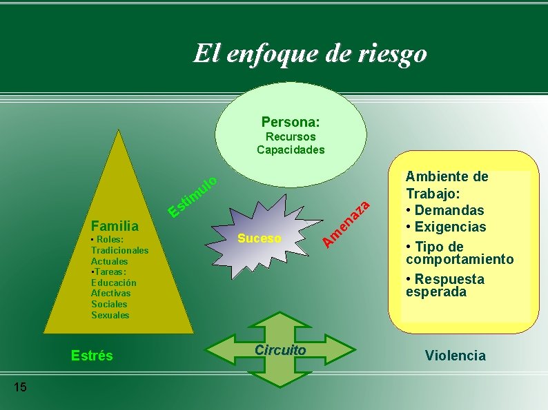 El enfoque de riesgo Persona: Recursos Capacidades Estrés 15 az Suceso Circuito m en