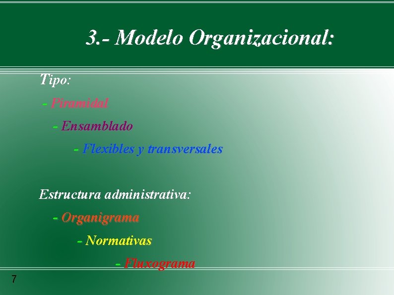 3. - Modelo Organizacional: Tipo: - Piramidal - Ensamblado - Flexibles y transversales Estructura