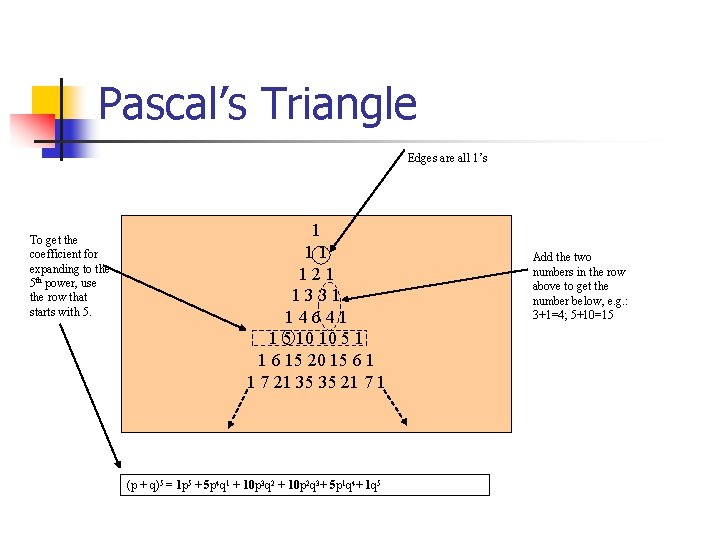 Pascal’s Triangle Edges are all 1’s To get the coefficient for expanding to the